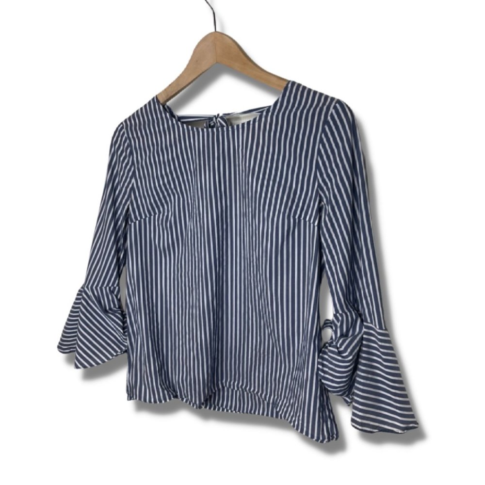 iZ Byer Womens Blue White Striped Bell Sleeve Boho Low Tie Back Shirt Top S - Picture 2 of 8